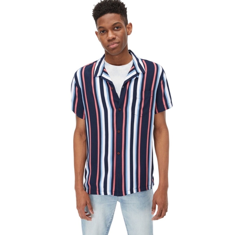 Aeropostale XL Navy Pink Striped Rayon Camp Shirt Button Front Resort Mens Retro